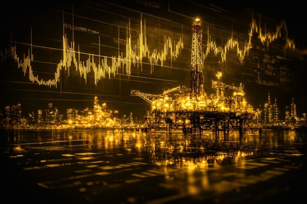 Oil rig with overlay of hedge funds graph