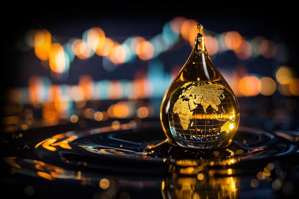 Globe reflected in drop of crude oil
